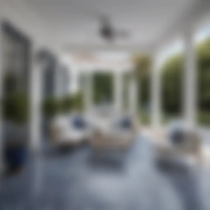 A stylish outdoor patio featuring blue and white accents, creating a refreshing atmosphere.