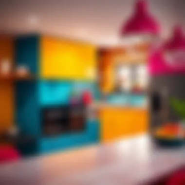 Vibrant kitchen showcasing bold colors and innovative storage solutions