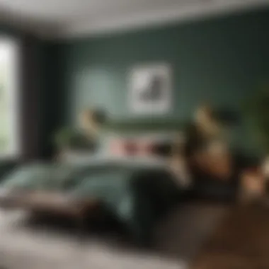 Elegant bedroom featuring dark green walls and complementary decor