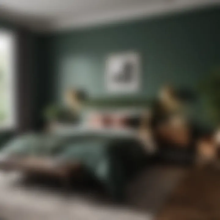 Elegant bedroom featuring dark green walls and complementary decor