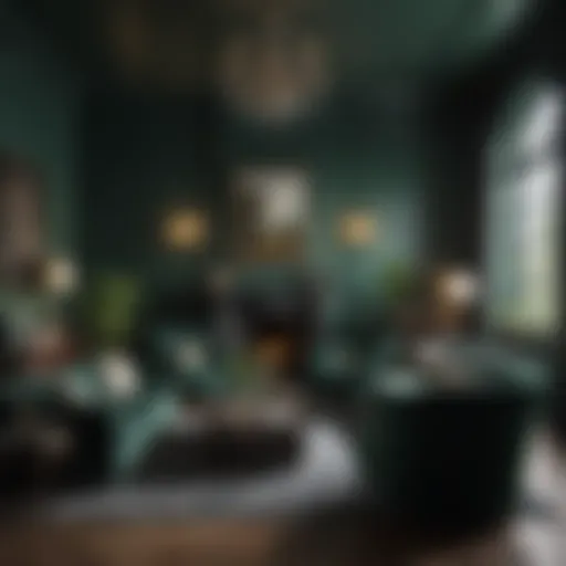 Luxurious living room featuring dark green walls and elegant furnishings