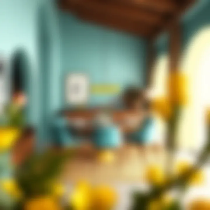 A stylish dining area showcasing a chartreuse and teal color palette