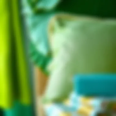 Close-up of decor elements using chartreuse and teal fabrics