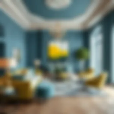 A sophisticated living room featuring chartreuse and teal accents