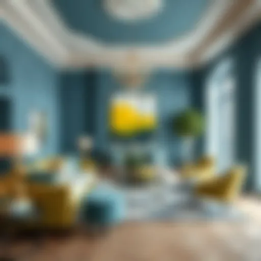 A sophisticated living room featuring chartreuse and teal accents