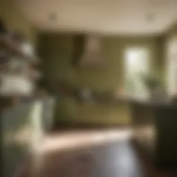 A serene kitchen featuring soft olive green walls that enhance natural light