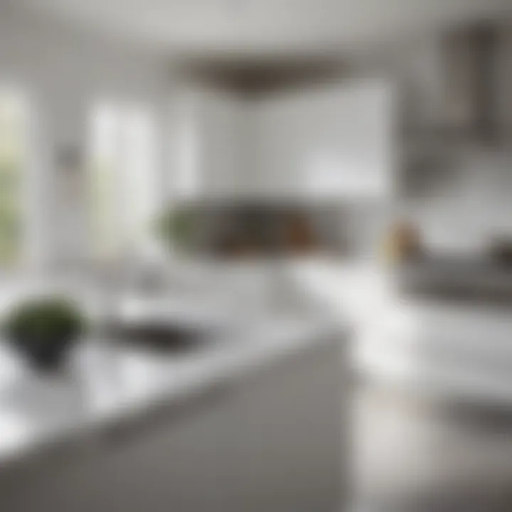 Sleek white kitchen with marble countertops and stainless steel appliances