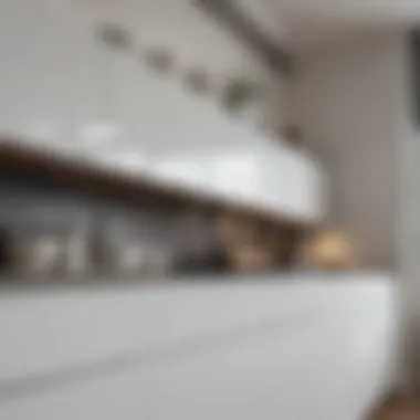 Close-up view of white top cabinets with elegant textures