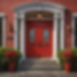 Vibrant red entry door enhancing home façade