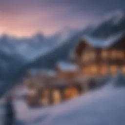A serene winter landscape featuring a luxurious resort nestled among snow-covered mountains