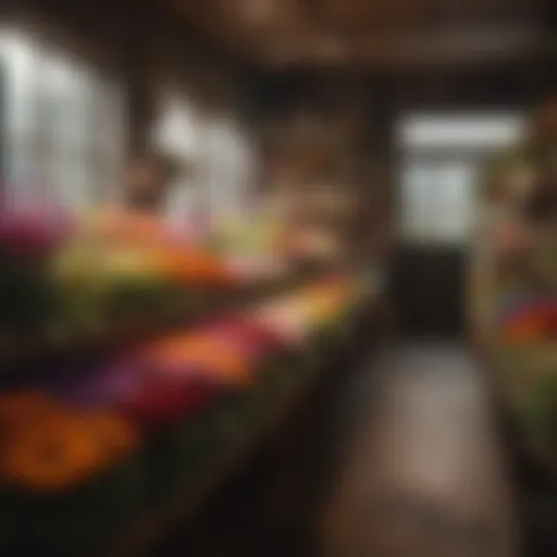 A vibrant display of seasonal flowers in a well-organized flower shop