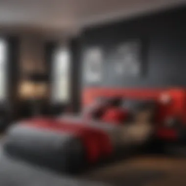 Modern bedroom showcasing a bold black and red color combination