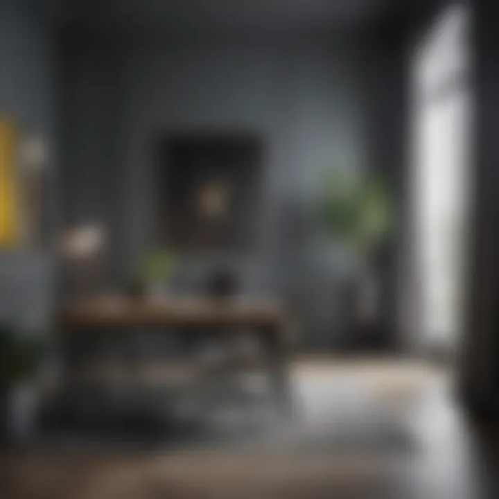 Contemporary study with grey paint and vibrant accessories for a stimulating environment