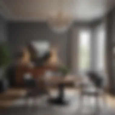 Dining area with grey walls accented by warm wooden furniture and decor