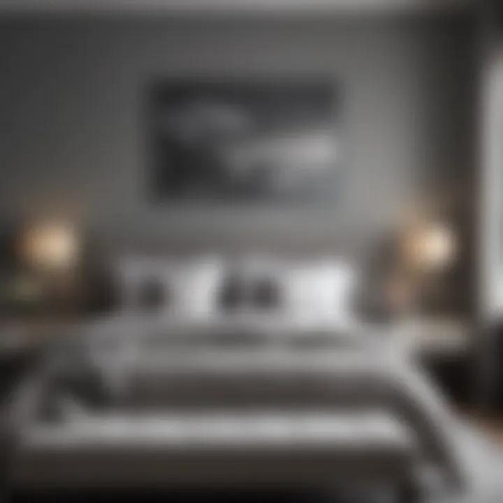 Serene bedroom showcasing various shades of grey with plush textiles and art