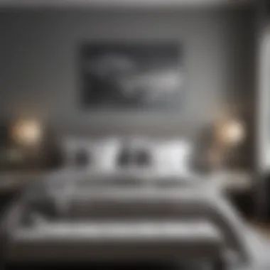 Serene Bedroom Ambiance Serene bedroom showcasing various shades of grey with plush textiles and art
