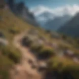 Serene mountain landscape with hiker on a trail