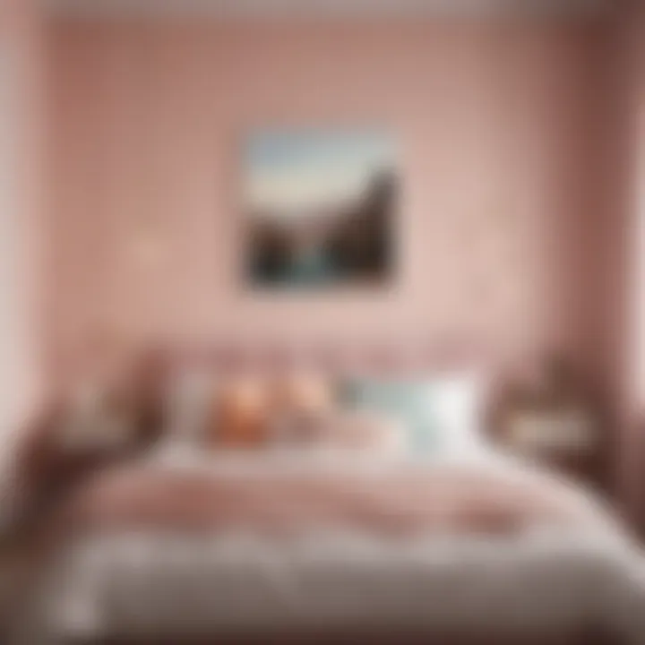 A cozy bedroom adorned with pastel shades and a statement wall that captures attention.