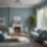 A serene living room showcasing a harmonious blend of cool blue and soft gray paint.