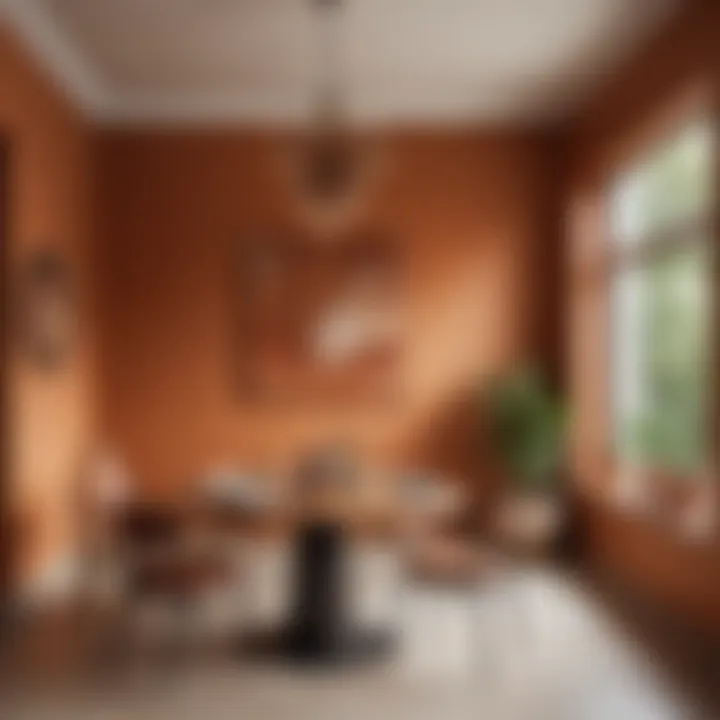 A vibrant dining area featuring warm earthy tones with accent walls painted in rich terracotta.