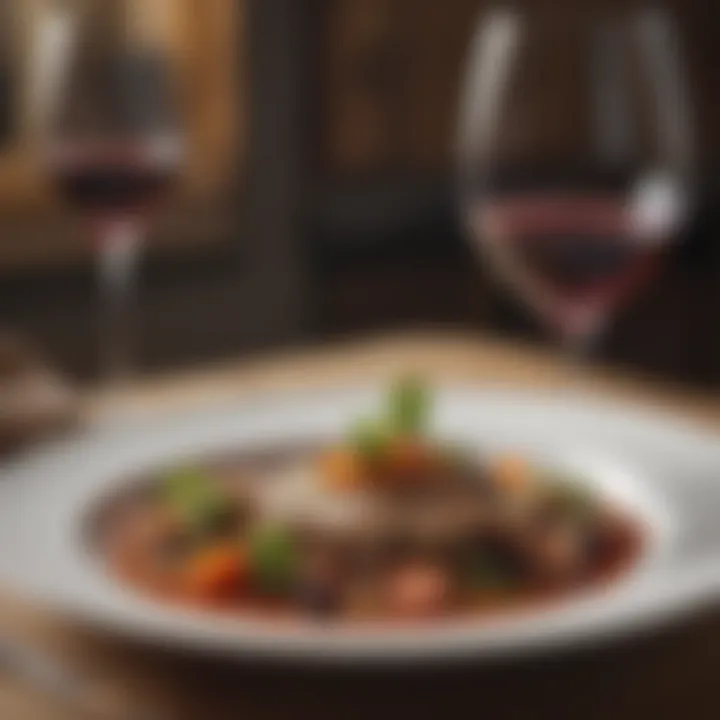 Artfully presented gourmet dish paired with exquisite wine