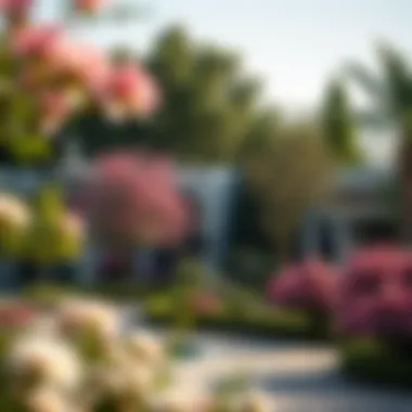 A beautifully landscaped outdoor space featuring various medium-sized flowering trees