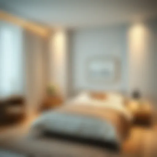 A serene modern bedroom featuring neutral color tones and minimalist decor