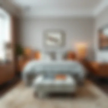 A stylish bedroom showcasing a blend of contemporary furniture and artistic decor