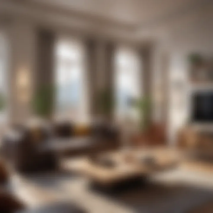 A beautifully designed living room showcasing sustainable materials and smart technology.