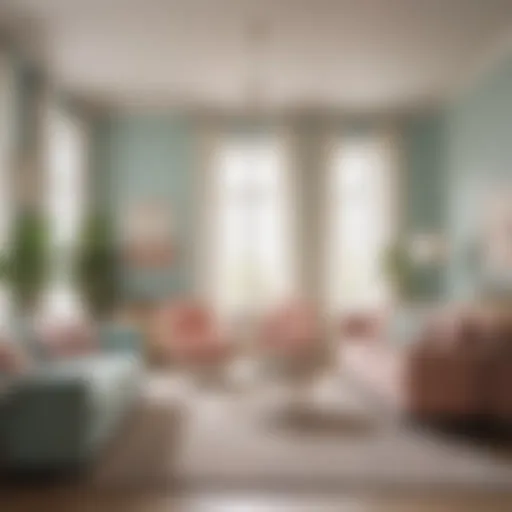 A serene living room showcasing soft pastel paint colors reflecting natural light.