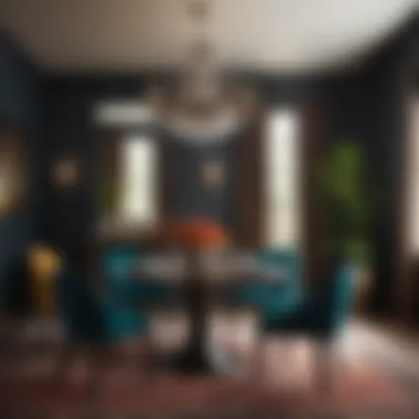 A sophisticated dining area featuring bold, dark hues that enhance elegance.