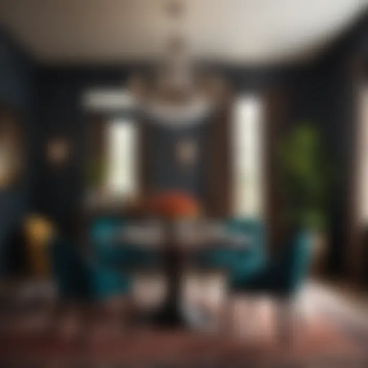 A sophisticated dining area featuring bold, dark hues that enhance elegance.