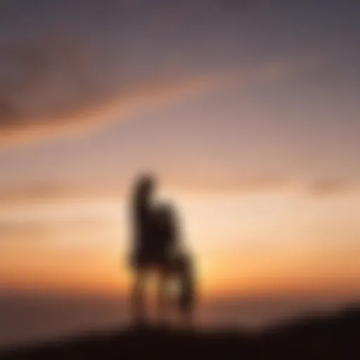 Mother and daughter silhouette against a sunset horizon