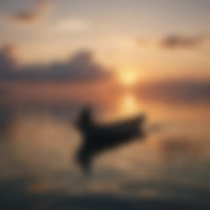 A serene sunset over a calm sea with a boat silhouette