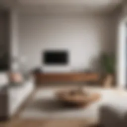 A stylish living room showcasing minimalistic design with sustainable materials