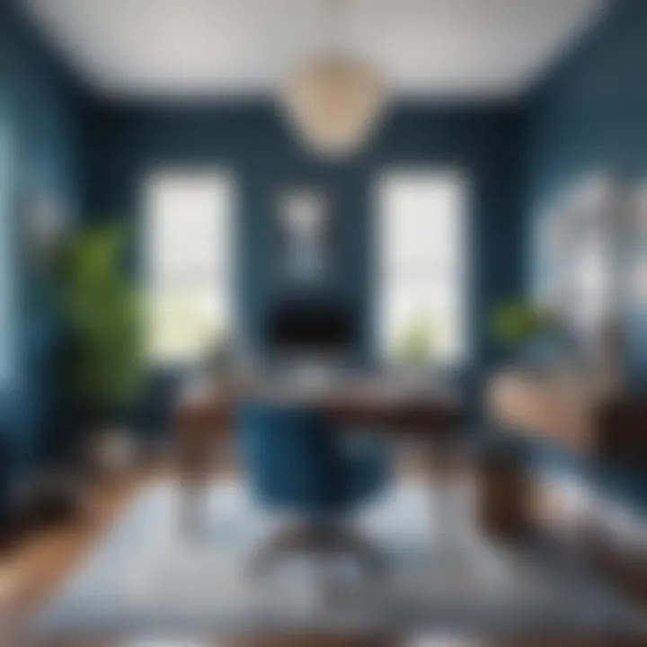 Stylish home office with ocean blue accents and modern furnishings