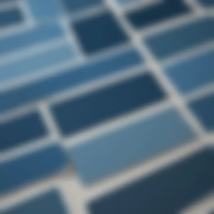 Close-up of ocean blue paint swatches showcasing tonal variations