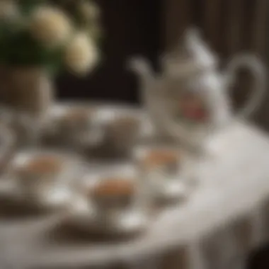 Vintage porcelain teapot and delicate cups on a lace tablecloth