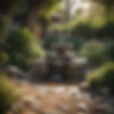 Rustic Serenity Rustic stone water feature integrated into a garden landscape