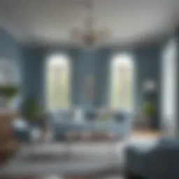 A serene living room painted in soft blue tones
