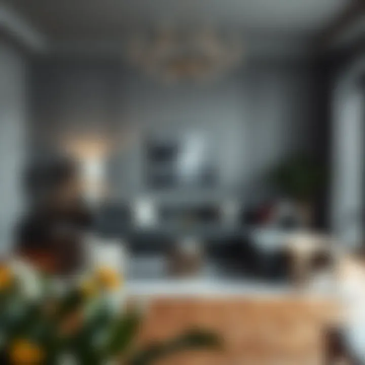 Chic Muted Gray Living Room Elegant living room showcasing muted gray shades and rich textiles