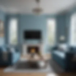 A cozy living room painted in soft blue tones