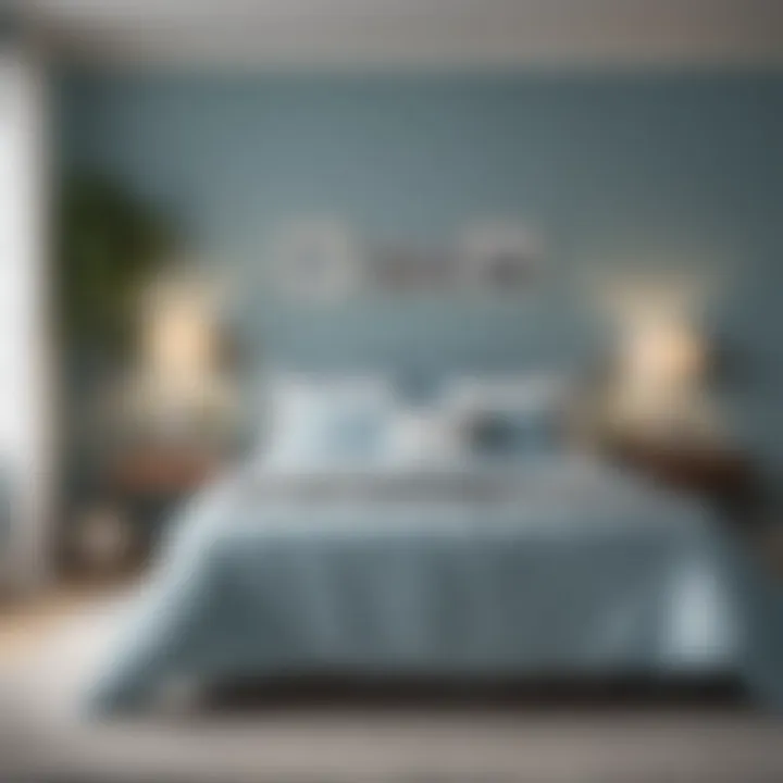 A serene bedroom painted in soft blue hues, creating a calming atmosphere.