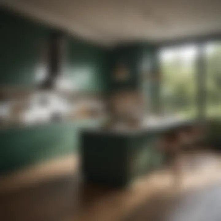 A sophisticated kitchen featuring deep green shades, reflecting nature and tranquility.
