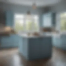 A serene kitchen adorned with soft blue tones, evoking tranquility and elegance.