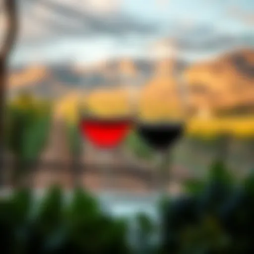 Elegantly arranged wine glasses with a scenic vineyard backdrop