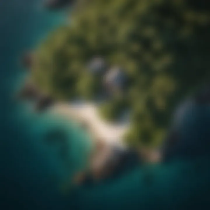 An aerial view of a secluded private island, emphasizing its unique shape and surroundings