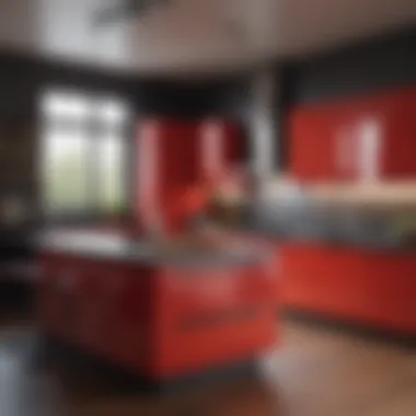 Modern kitchen featuring red cabinets and sleek black accents