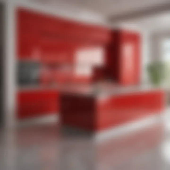 Vibrant red kitchen cabinets paired with marble countertops