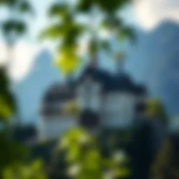 A stunning view of a Swiss castle hotel surrounded by lush greenery and mountains.